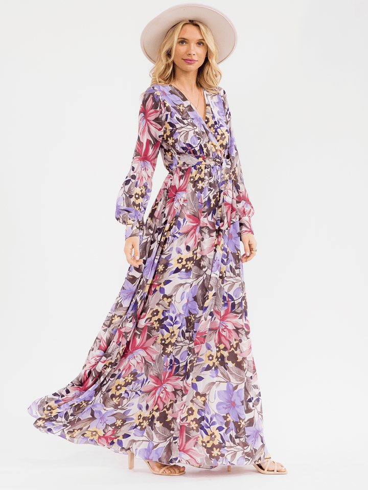 WOMEN'S LONG SLEEVE SURPLICE ELASTIC WAIST FLORAL MAXI DRESS