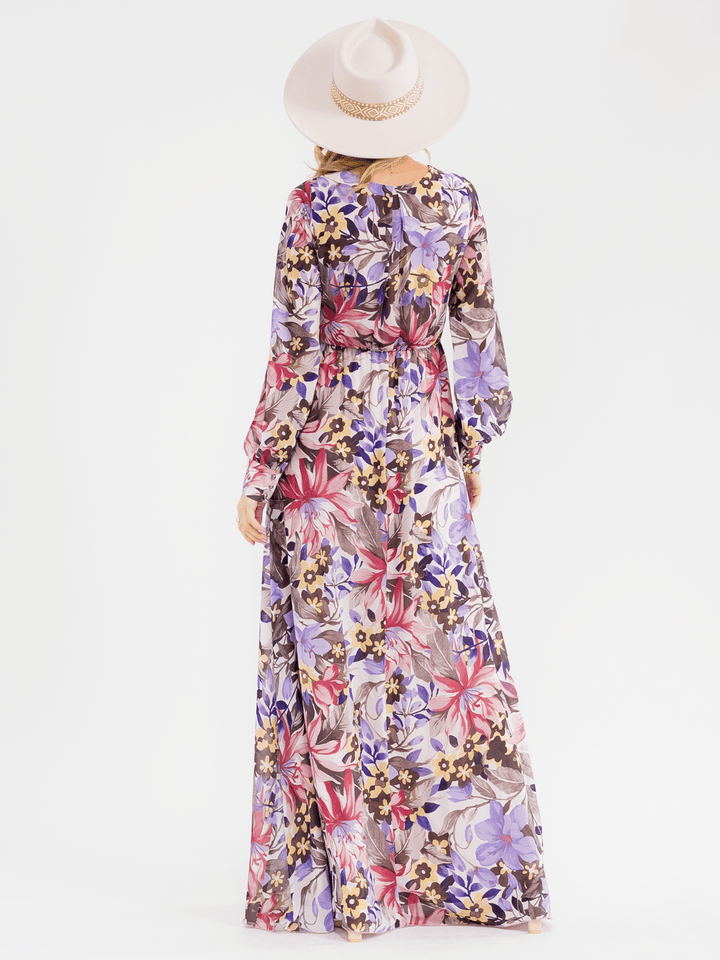WOMEN'S LONG SLEEVE SURPLICE ELASTIC WAIST FLORAL MAXI DRESS