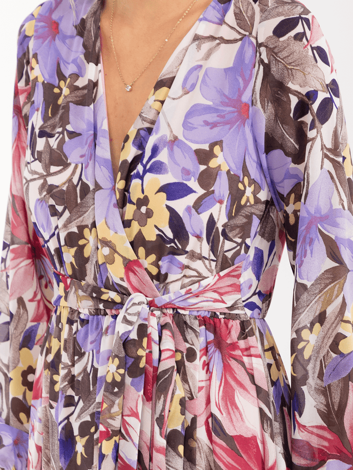 WOMEN'S LONG SLEEVE SURPLICE ELASTIC WAIST FLORAL MAXI DRESS