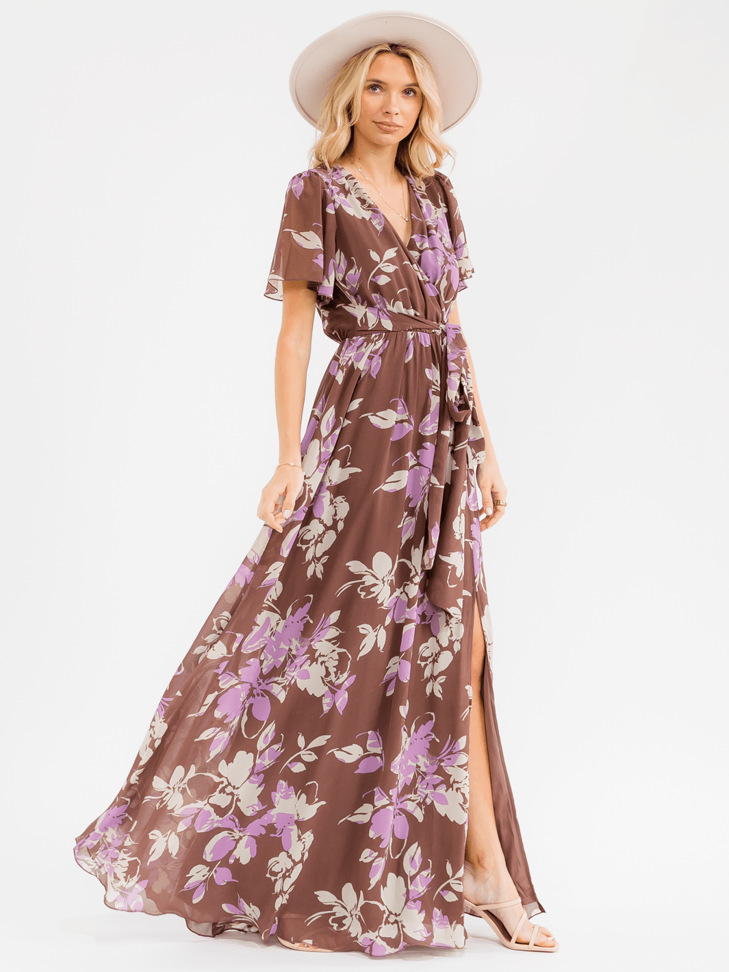 WOMEN'S SHORT SLEEVE SURPLICE SIDE SLIT SELF TIE FLORAL MAXI DRESS