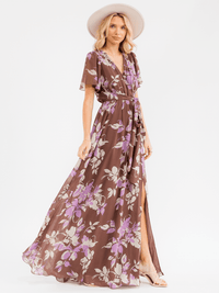 WOMEN'S SHORT SLEEVE SURPLICE SIDE SLIT SELF TIE FLORAL MAXI DRESS