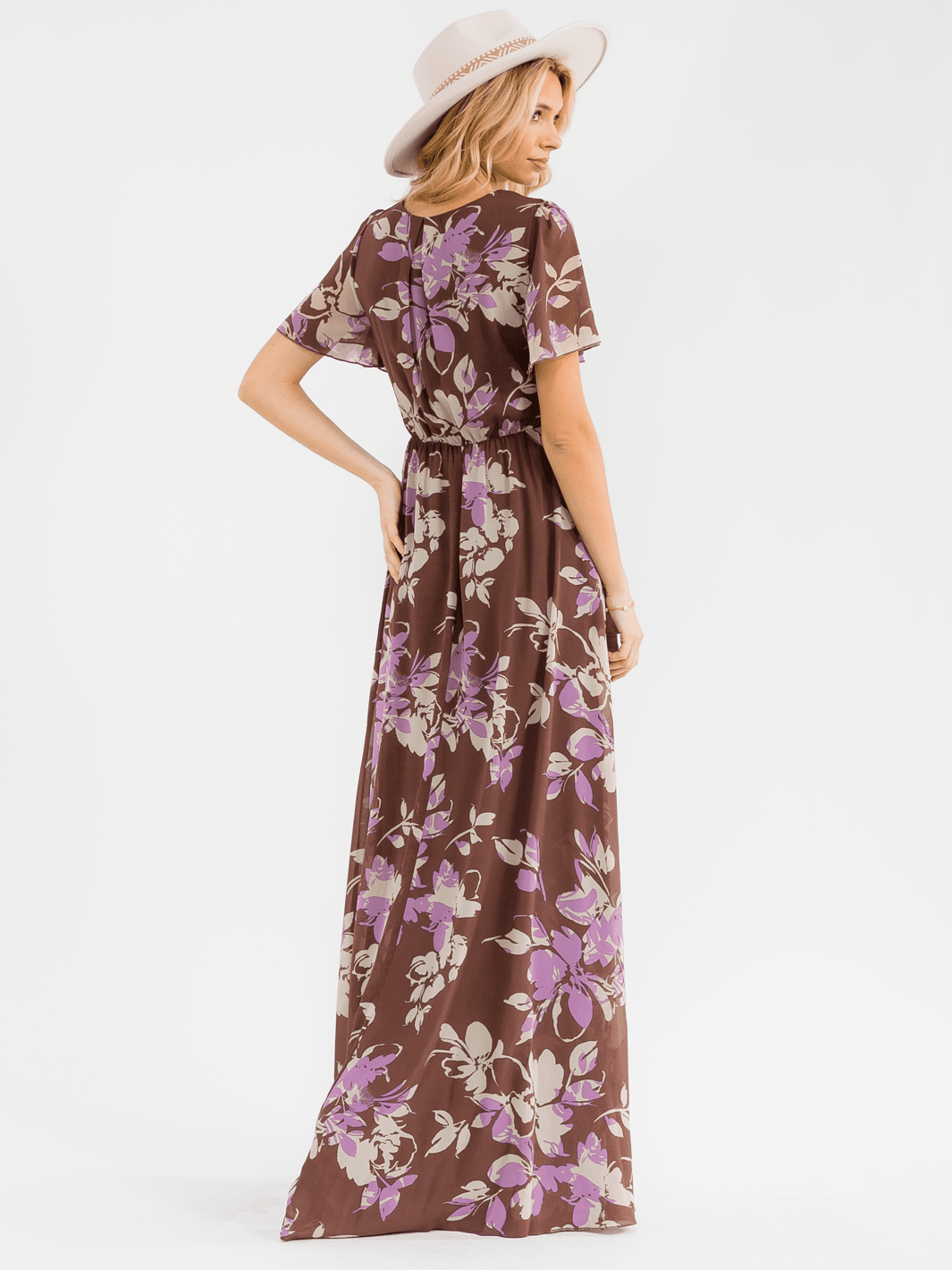 WOMEN'S SHORT SLEEVE SURPLICE SIDE SLIT SELF TIE FLORAL MAXI DRESS