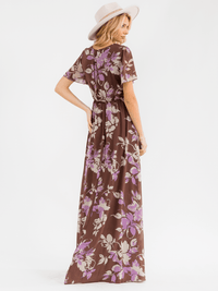 WOMEN'S SHORT SLEEVE SURPLICE SIDE SLIT SELF TIE FLORAL MAXI DRESS