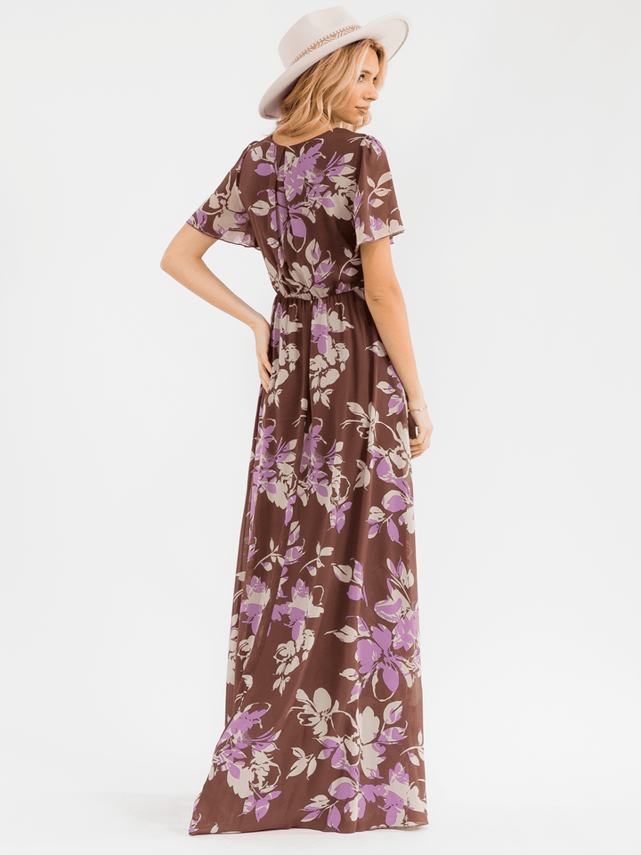 WOMEN'S SHORT SLEEVE SURPLICE SIDE SLIT SELF TIE FLORAL MAXI DRESS