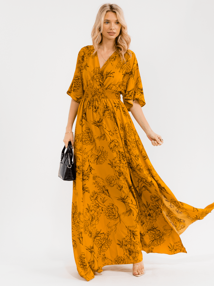 WOMEN'S SHORT SLEEVE SURPLICE SMOCK WAIST SELF TIE FLORAL MAXI DRESS