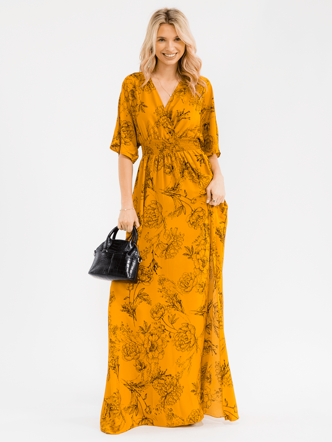 WOMEN'S SHORT SLEEVE SURPLICE SMOCK WAIST SELF TIE FLORAL MAXI DRESS