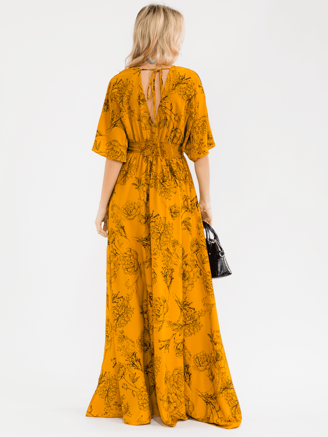 WOMEN'S SHORT SLEEVE SURPLICE SMOCK WAIST SELF TIE FLORAL MAXI DRESS