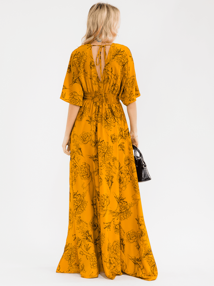 WOMEN'S SHORT SLEEVE SURPLICE SMOCK WAIST SELF TIE FLORAL MAXI DRESS