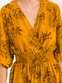 WOMEN'S SHORT SLEEVE SURPLICE SMOCK WAIST SELF TIE FLORAL MAXI DRESS