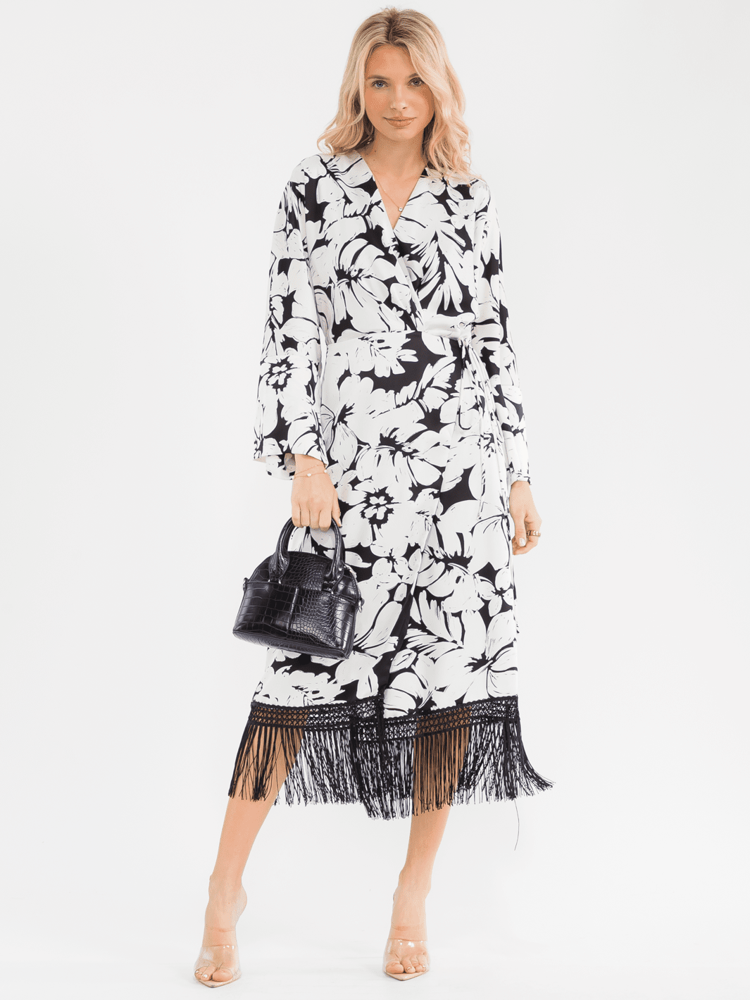 WOMEN'S LONG SLEEVE FRINGE BOTTOM HEM WRAP FLORAL MIDI DRESS