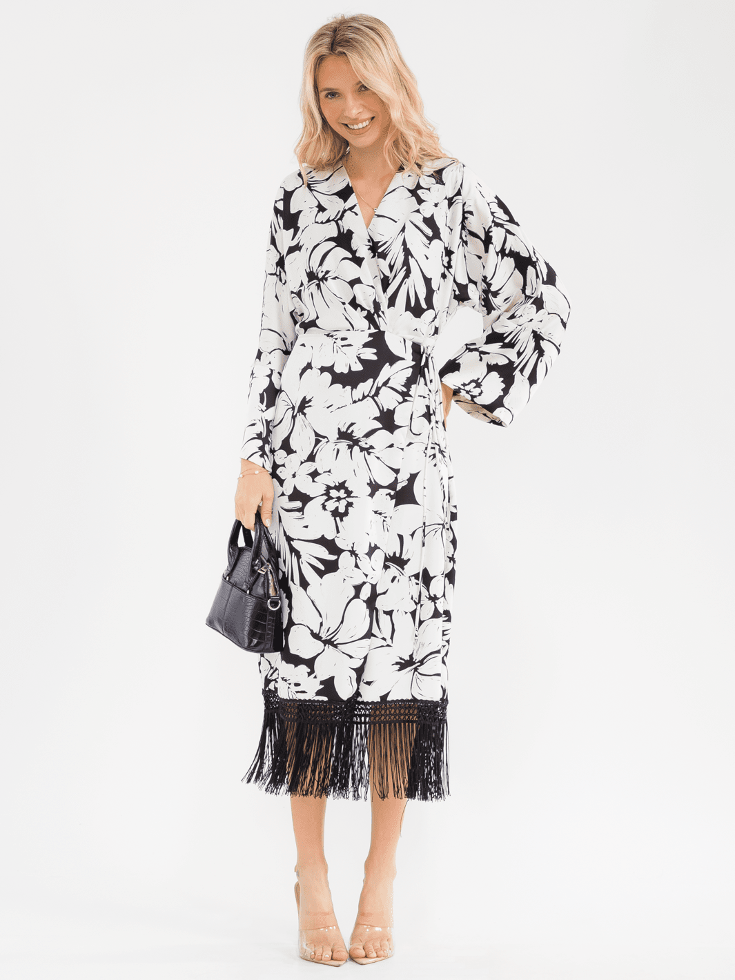 WOMEN'S LONG SLEEVE FRINGE BOTTOM HEM WRAP FLORAL MIDI DRESS