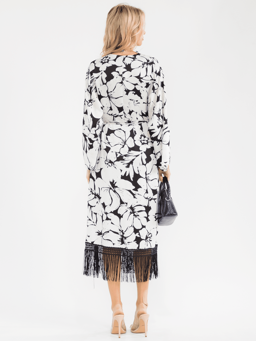 WOMEN'S LONG SLEEVE FRINGE BOTTOM HEM WRAP FLORAL MIDI DRESS