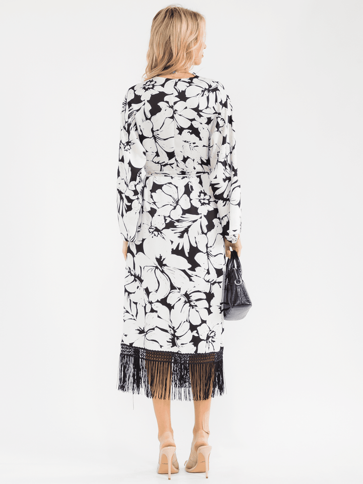 WOMEN'S LONG SLEEVE FRINGE BOTTOM HEM WRAP FLORAL MIDI DRESS