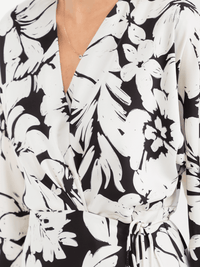 WOMEN'S LONG SLEEVE FRINGE BOTTOM HEM WRAP FLORAL MIDI DRESS
