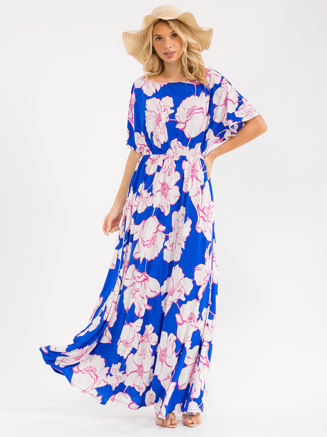 WOMEN'S SHORT SLEEVE ELASTIC WAIST POCKETS FLORAL PRINT MAXI DRESS