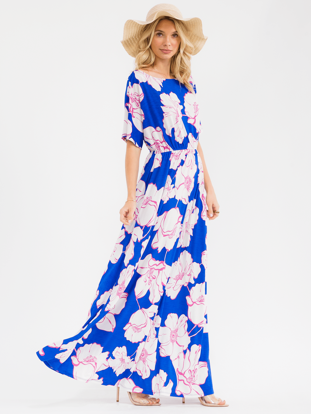 WOMEN'S SHORT SLEEVE ELASTIC WAIST POCKETS FLORAL PRINT MAXI DRESS