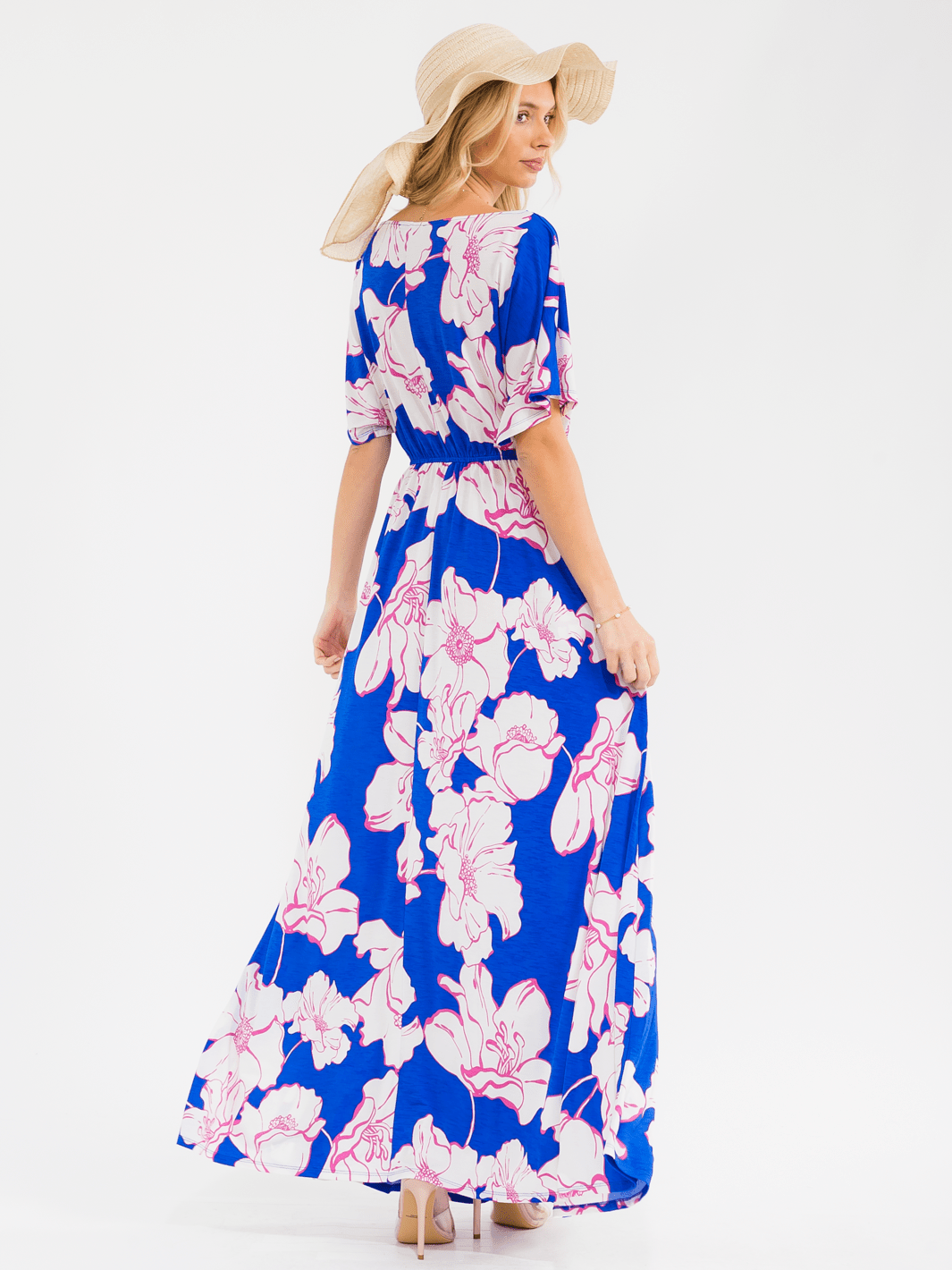 WOMEN'S SHORT SLEEVE ELASTIC WAIST POCKETS FLORAL PRINT MAXI DRESS
