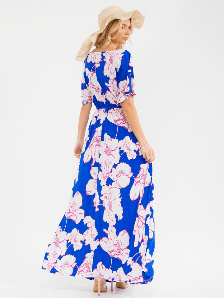 WOMEN'S SHORT SLEEVE ELASTIC WAIST POCKETS FLORAL PRINT MAXI DRESS