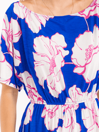 WOMEN'S SHORT SLEEVE ELASTIC WAIST POCKETS FLORAL PRINT MAXI DRESS