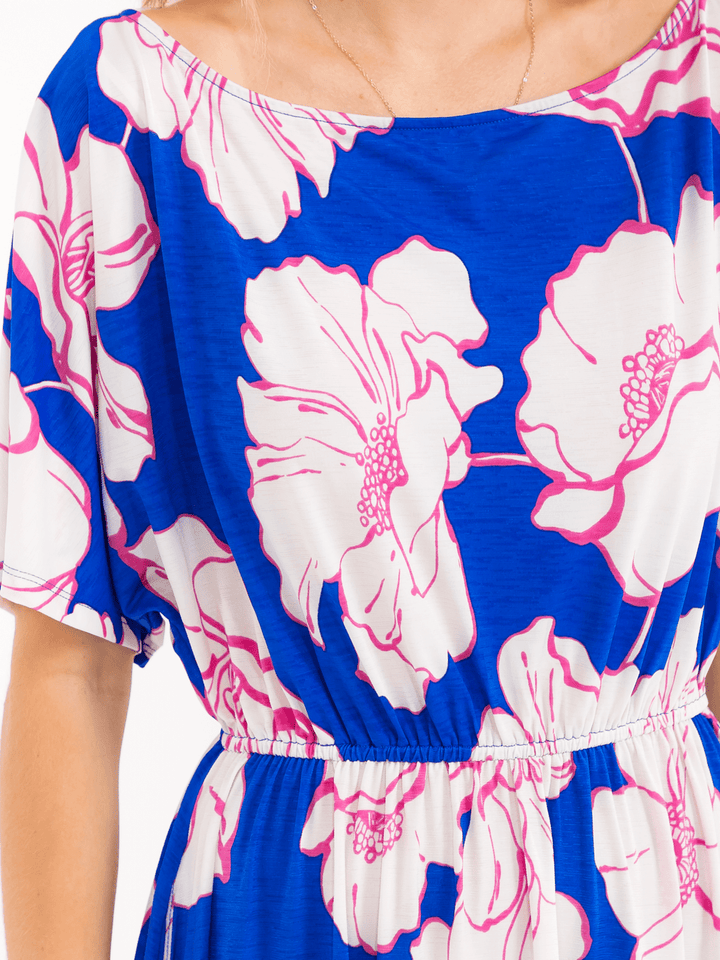 WOMEN'S SHORT SLEEVE ELASTIC WAIST POCKETS FLORAL PRINT MAXI DRESS