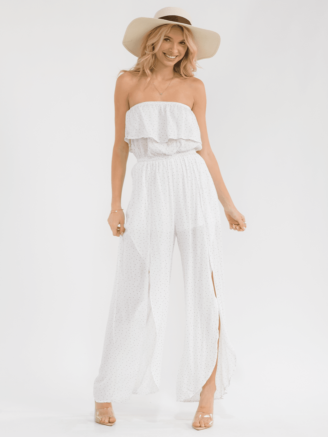 WOMEN'S SLEEVELESS ELASTIC WAIST WIDE LEG SLIT POLKA DOTS JUMPSUIT