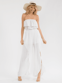 WOMEN'S SLEEVELESS ELASTIC WAIST WIDE LEG SLIT POLKA DOTS JUMPSUIT