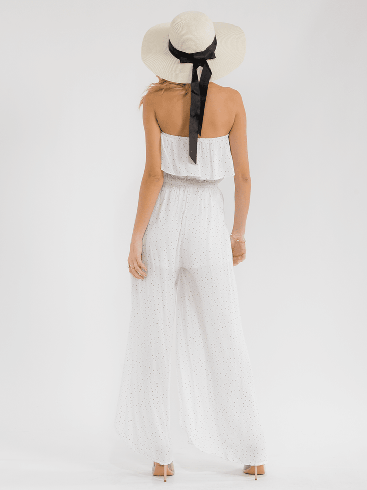 WOMEN'S SLEEVELESS ELASTIC WAIST WIDE LEG SLIT POLKA DOTS JUMPSUIT