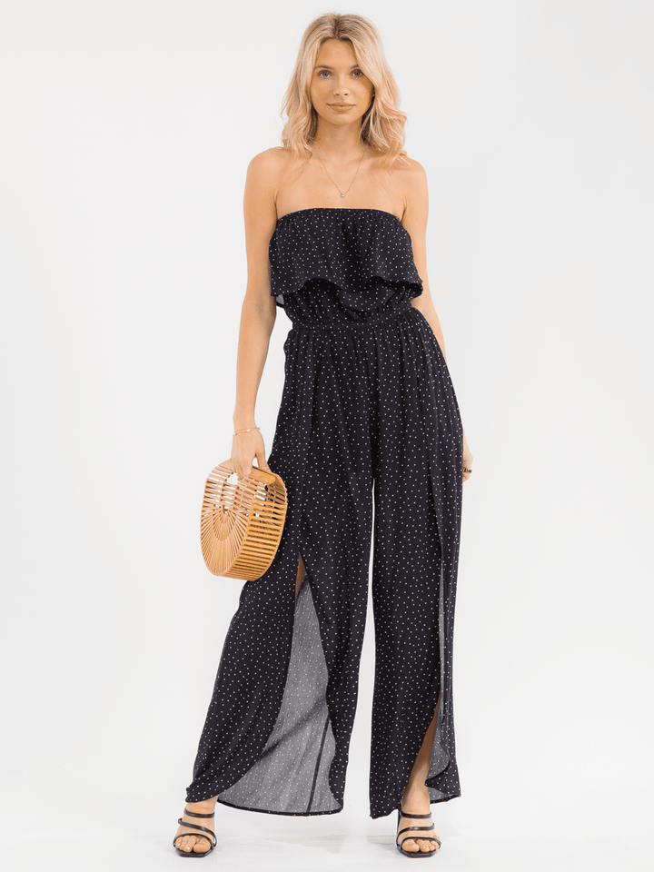 WOMEN'S SLEEVELESS ELASTIC WAIST WIDE LEG SLIT POLKA DOTS JUMPSUIT