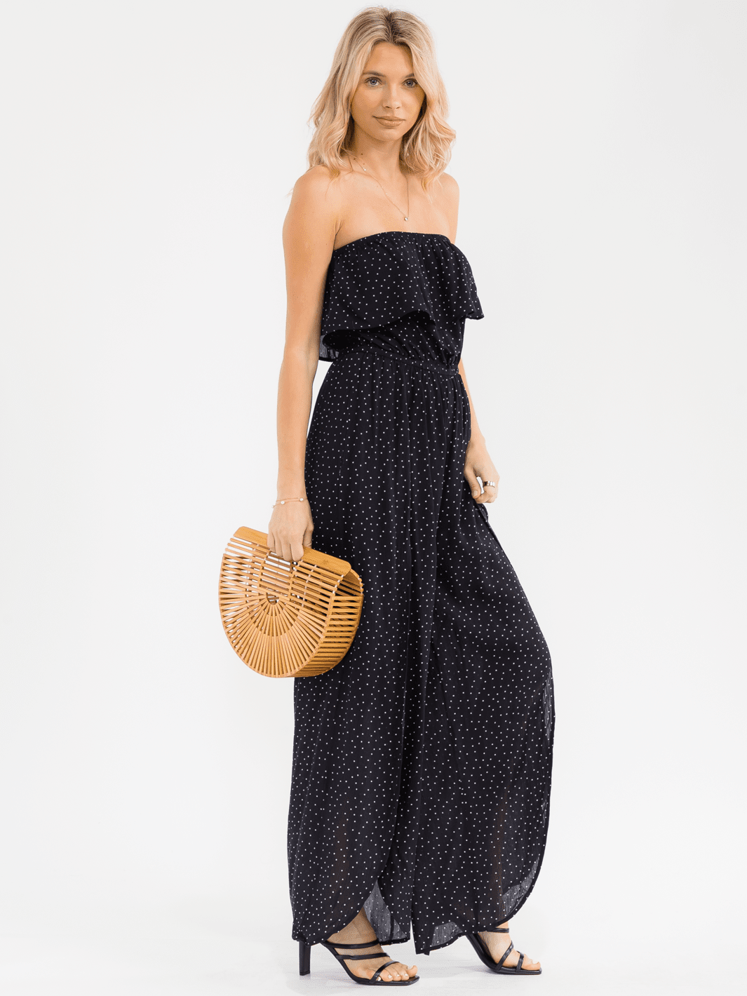 WOMEN'S SLEEVELESS ELASTIC WAIST WIDE LEG SLIT POLKA DOTS JUMPSUIT