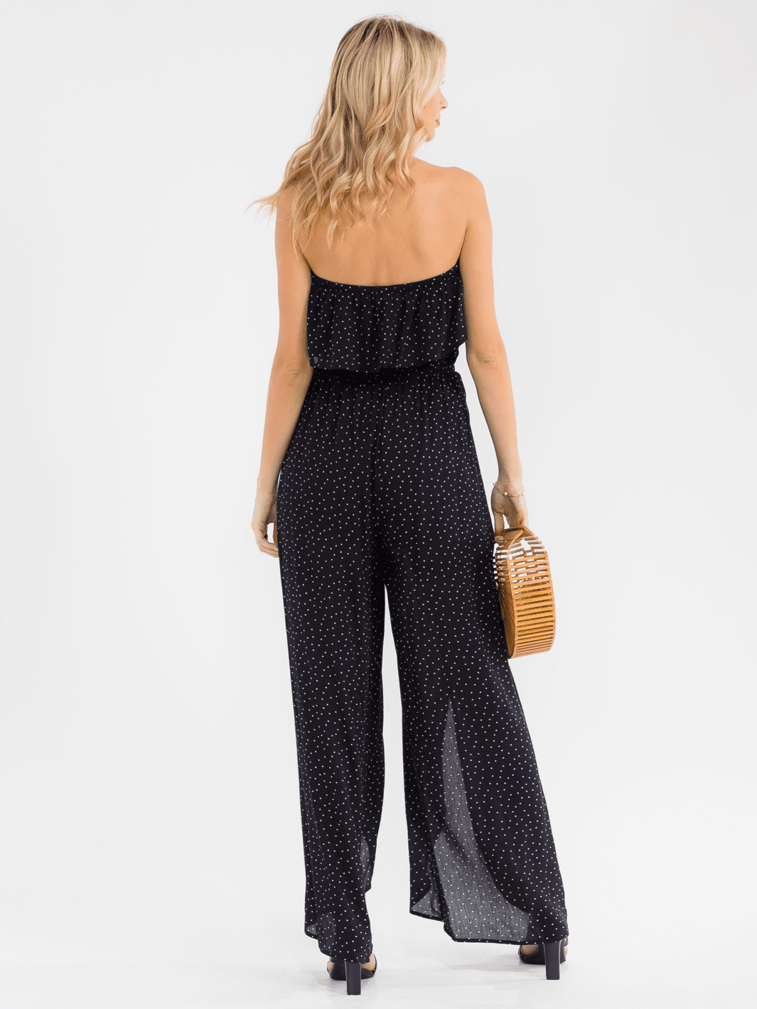 WOMEN'S SLEEVELESS ELASTIC WAIST WIDE LEG SLIT POLKA DOTS JUMPSUIT