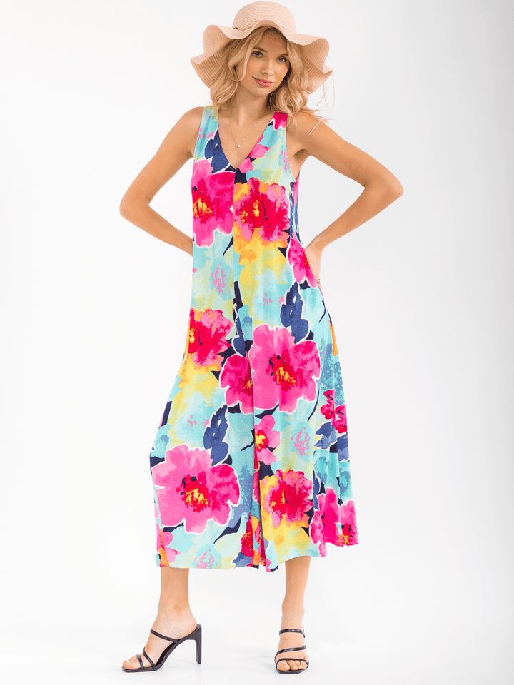 WOMEN'S SLEEVELESS V-NECK FRONT POCKETS WIDE LEG FLORAL JUMPSUIT
