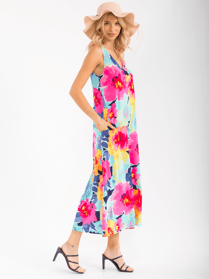 WOMEN'S SLEEVELESS V-NECK FRONT POCKETS WIDE LEG FLORAL JUMPSUIT