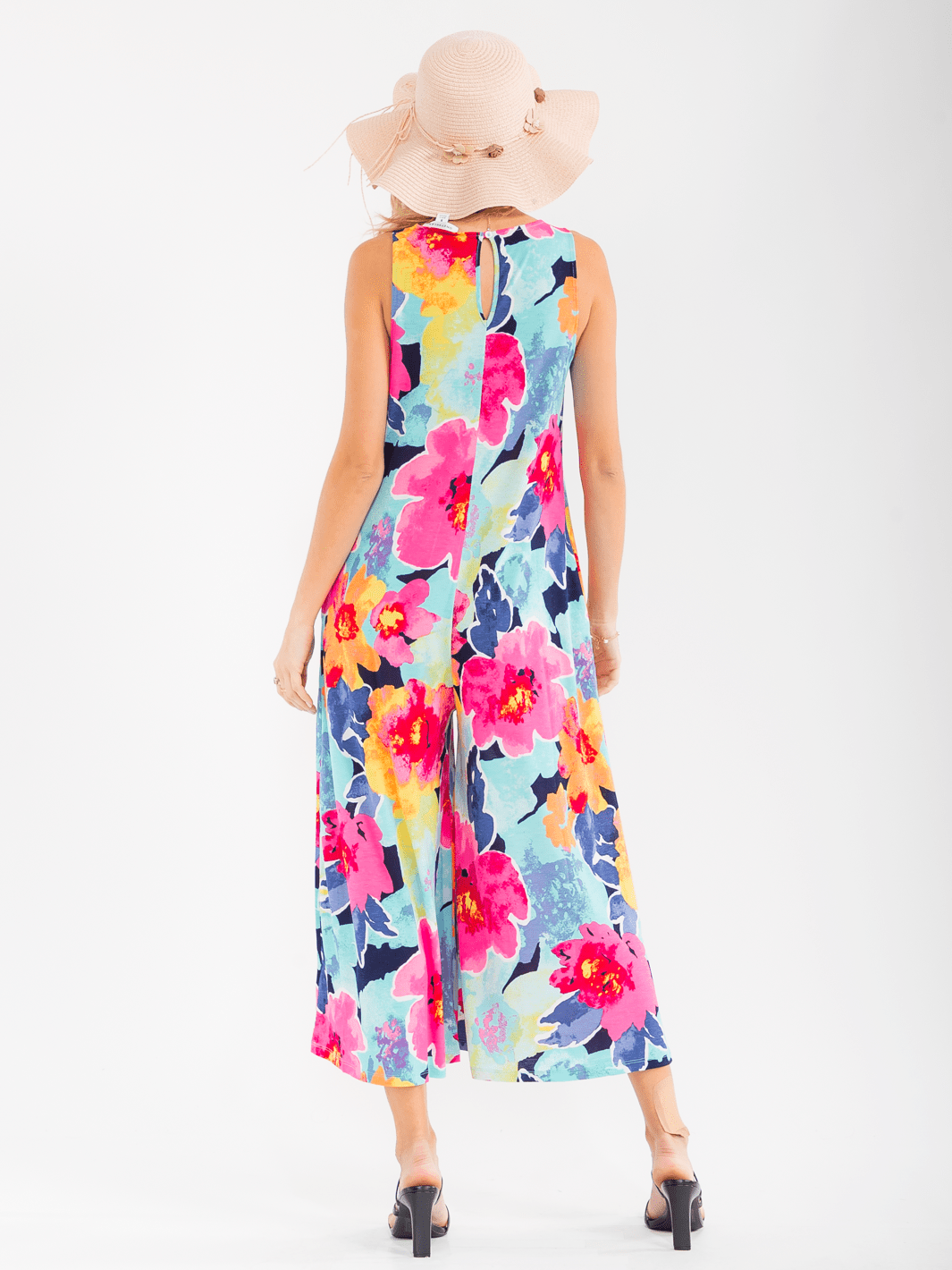 WOMEN'S SLEEVELESS V-NECK FRONT POCKETS WIDE LEG FLORAL JUMPSUIT