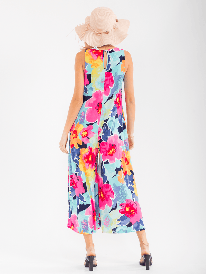 WOMEN'S SLEEVELESS V-NECK FRONT POCKETS WIDE LEG FLORAL JUMPSUIT