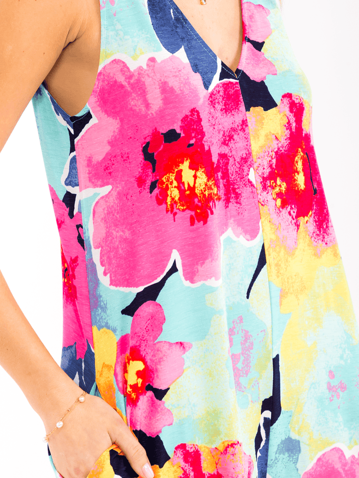 WOMEN'S SLEEVELESS V-NECK FRONT POCKETS WIDE LEG FLORAL JUMPSUIT