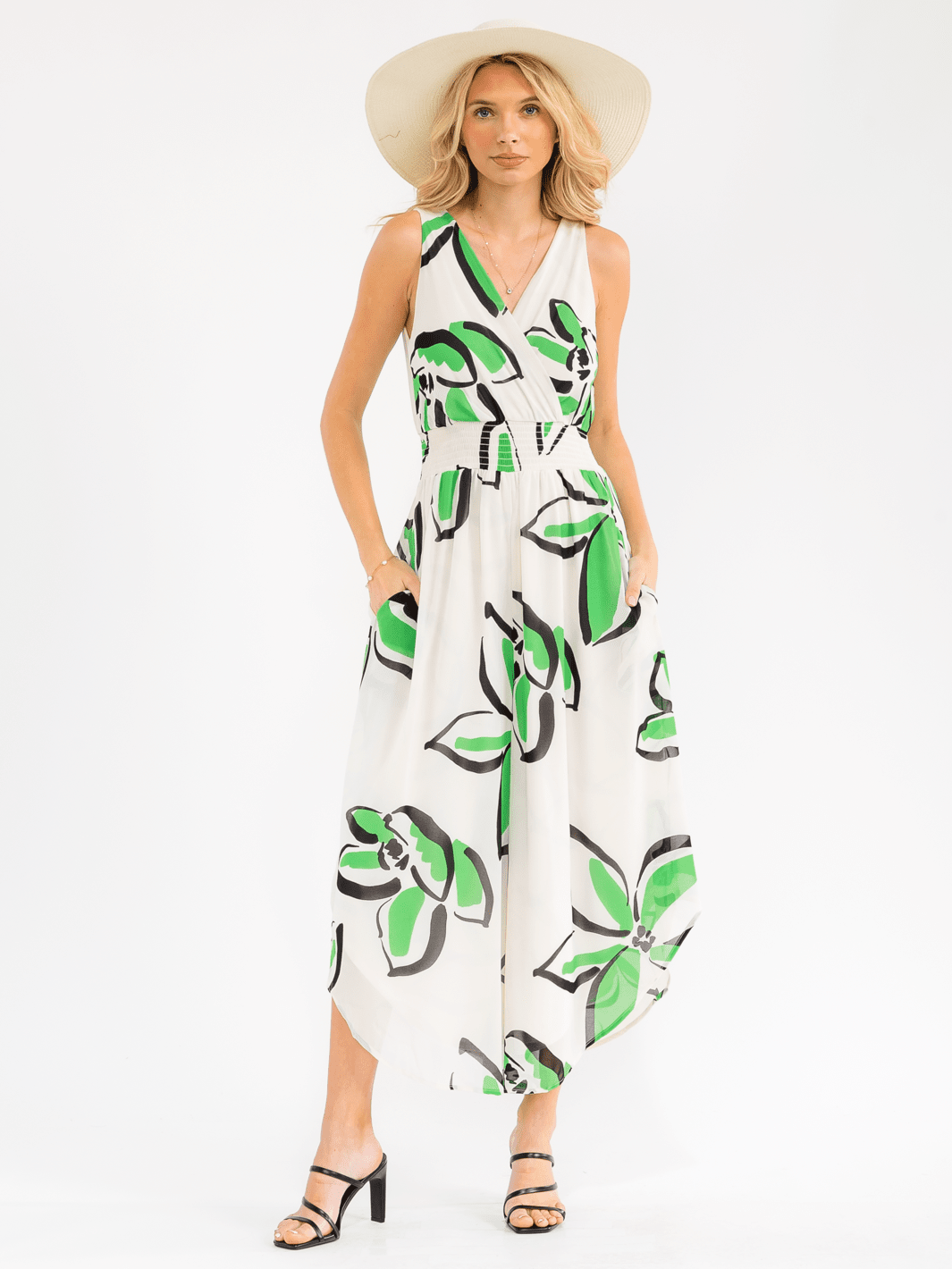 WOMEN'S SLEEVELESS SURPLICE SMOCK WAIST FRONT POCKETS FLORAL JUMPSUIT