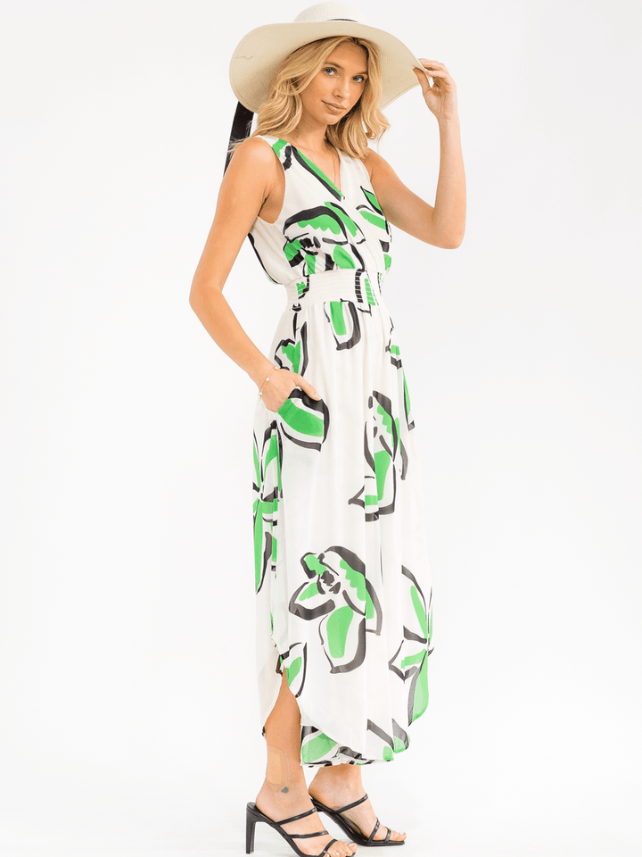 WOMEN'S SLEEVELESS SURPLICE SMOCK WAIST FRONT POCKETS FLORAL JUMPSUIT