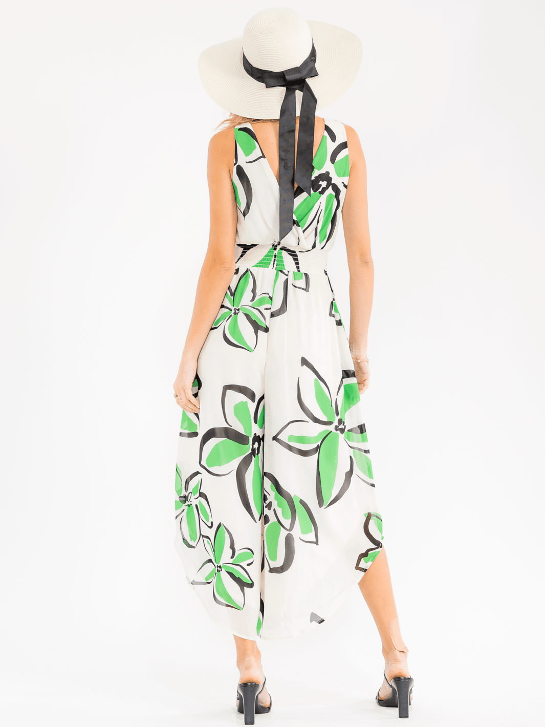 WOMEN'S SLEEVELESS SURPLICE SMOCK WAIST FRONT POCKETS FLORAL JUMPSUIT