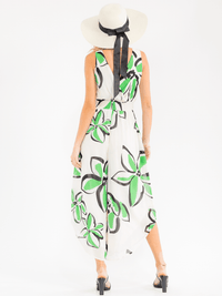 WOMEN'S SLEEVELESS SURPLICE SMOCK WAIST FRONT POCKETS FLORAL JUMPSUIT