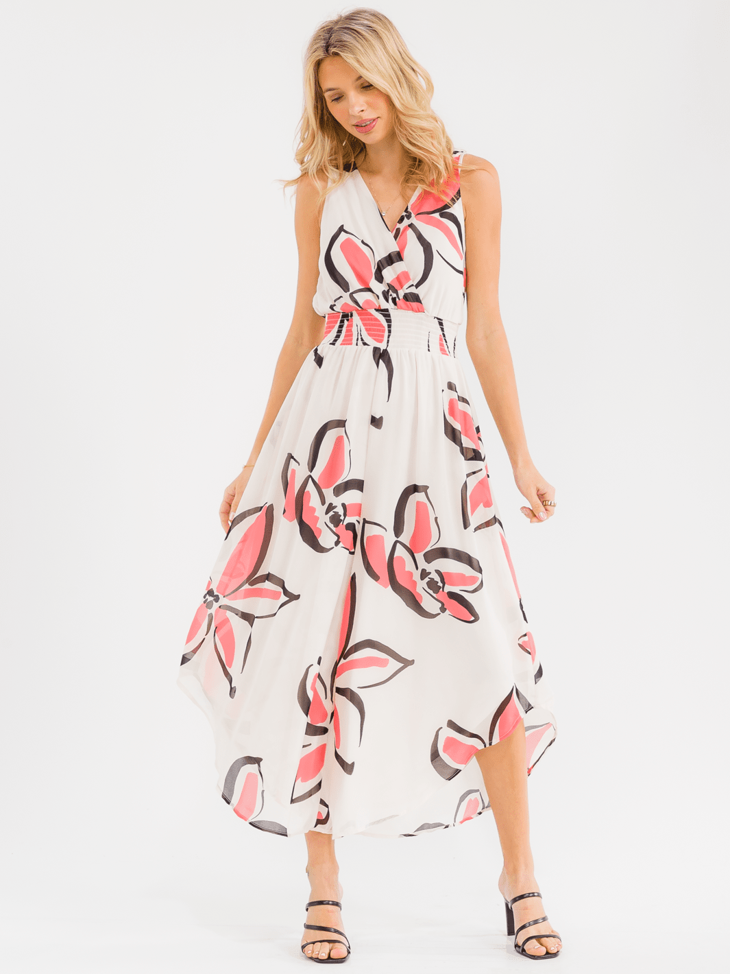 WOMEN'S SLEEVELESS SURPLICE SMOCK WAIST FRONT POCKETS FLORAL JUMPSUIT