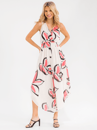 WOMEN'S SLEEVELESS SURPLICE SMOCK WAIST FRONT POCKETS FLORAL JUMPSUIT