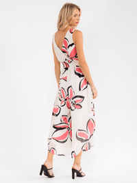 WOMEN'S SLEEVELESS SURPLICE SMOCK WAIST FRONT POCKETS FLORAL JUMPSUIT