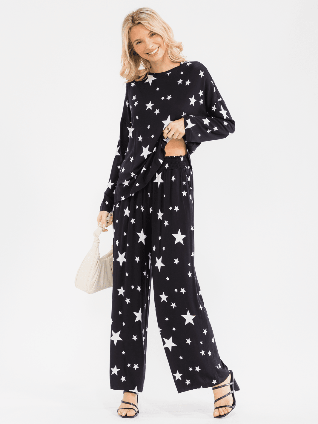 WOMEN'S LONG SLEEVE TOP & ELASTIC WAIST PANTS STARTS PRINT 2 PC. SET