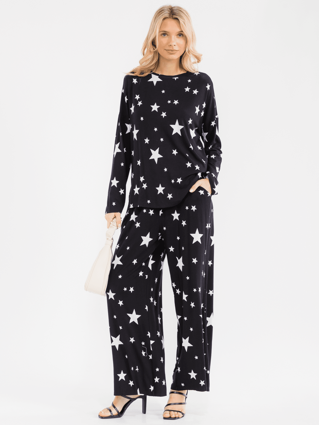 WOMEN'S LONG SLEEVE TOP & ELASTIC WAIST PANTS STARTS PRINT 2 PC. SET