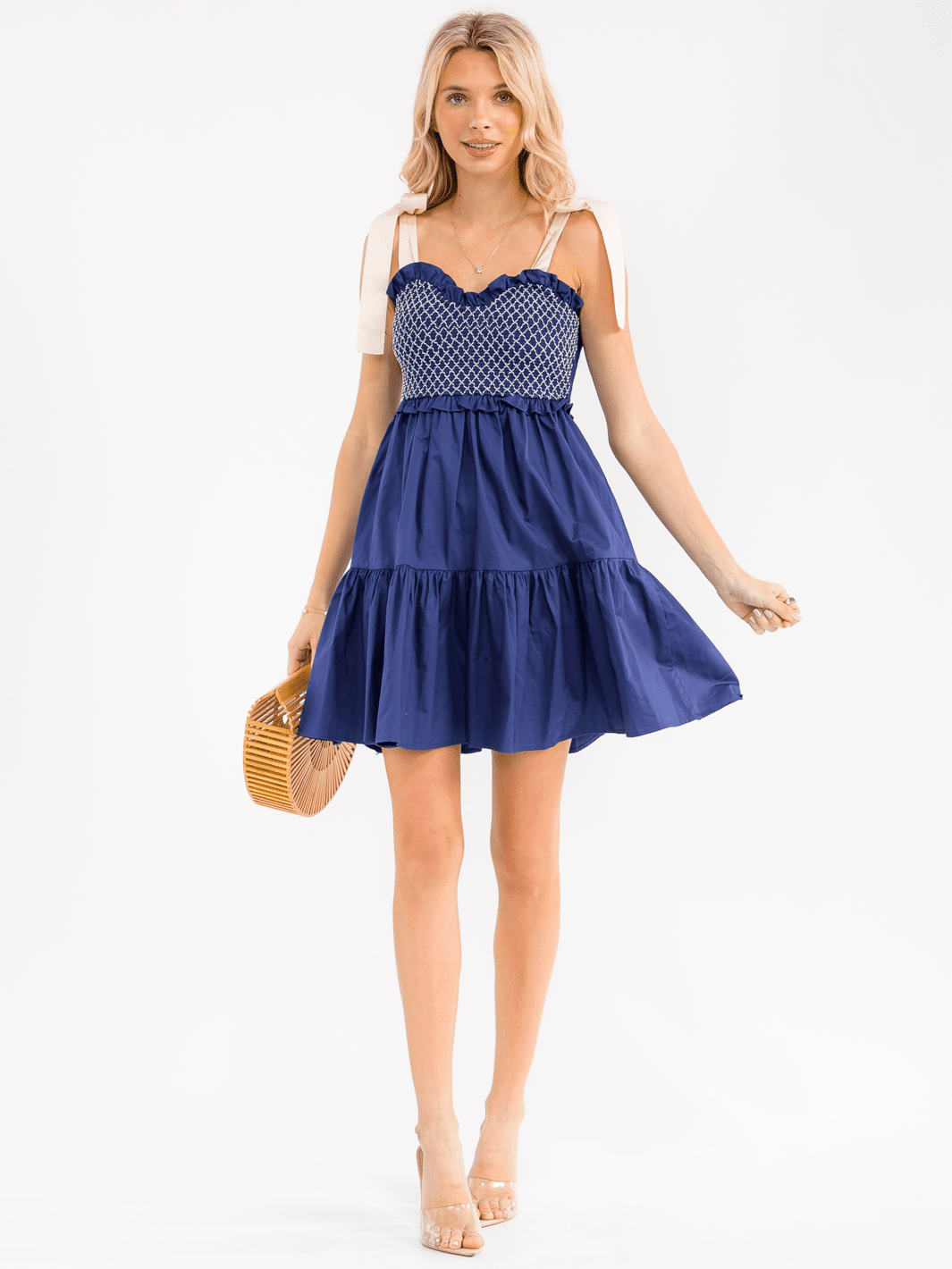 WOMEN'S SLEEVELESS SMOCK TIERED FIT & FLARE MINI DRESS