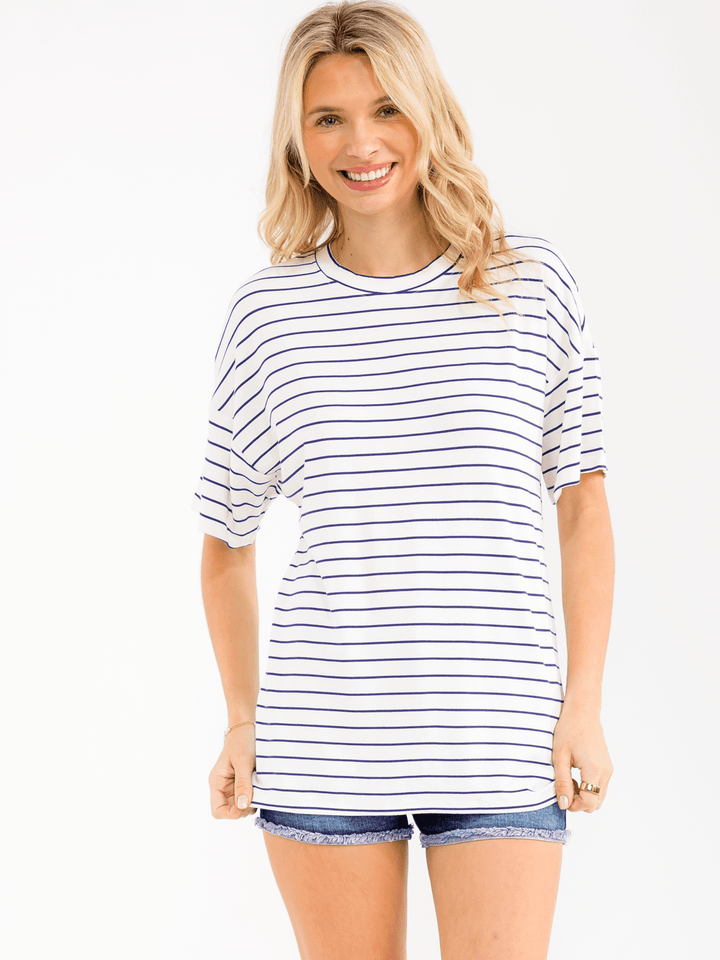 WOMEN'S SHORT SLEEVE COLORBLOCK STRIPES BASIC SHIRT