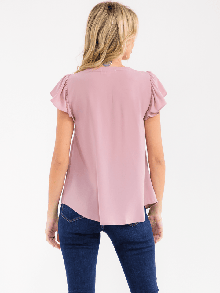 WOMEN'S SHORT RUFFLE SLEEVE V-NECK CROCHET DETAILED BLOUSE