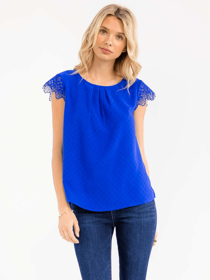 WOMEN'S SHORT CROCHET RUFFLE SLEEVE DETAILED BLOUSE