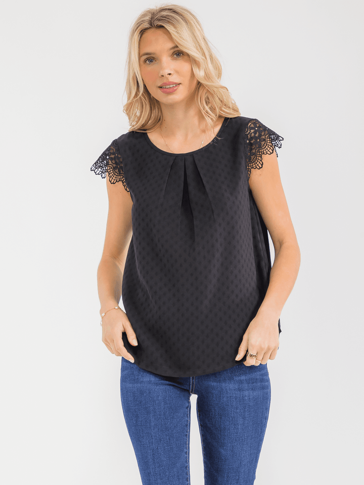 WOMEN'S SHORT CROCHET RUFFLE SLEEVE DETAILED BLOUSE