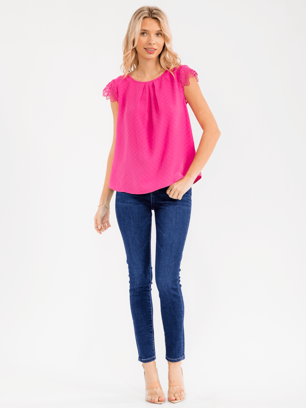 WOMEN'S SHORT CROCHET RUFFLE SLEEVE DETAILED BLOUSE